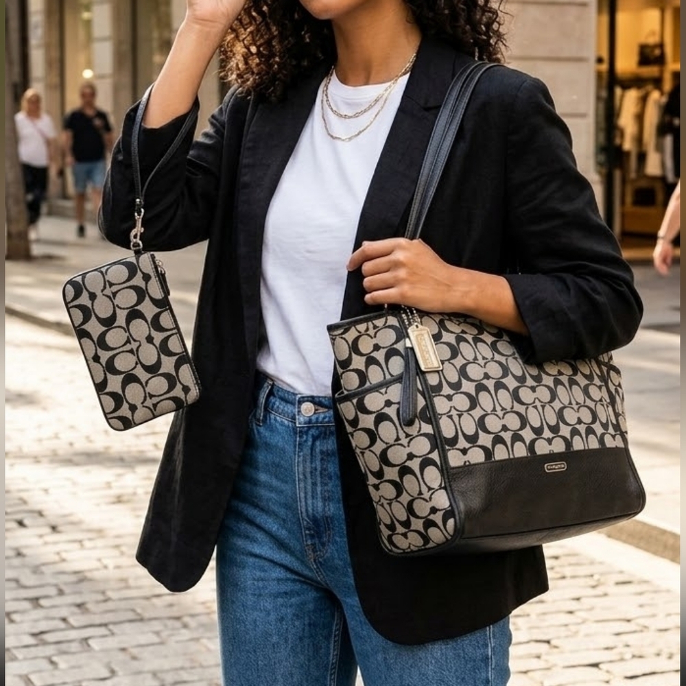 Coach Monogram Canvas Shoulder Bag and Wristlet in Black and Khaki